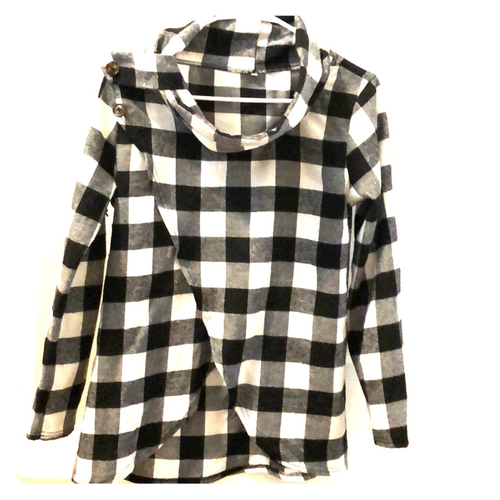 Women’s cowl neck long sleeve buffalo check shirt.